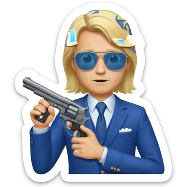 A blond man in a blue suit with a Colt pointing forward. The audience , and long hair and san glasses sticker