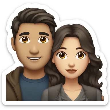A pale half Asian man with short dark hair and amber eyes embracing and loving a white woman with long wavy brunette hair and dark hazel eyes. They love each other a lot And have good fashion taste and are hugging each other tight  sticker