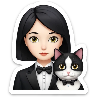 A girl with short black middle parted  hair parted in the middle, fair skin, and a tuxedo cat. sticker