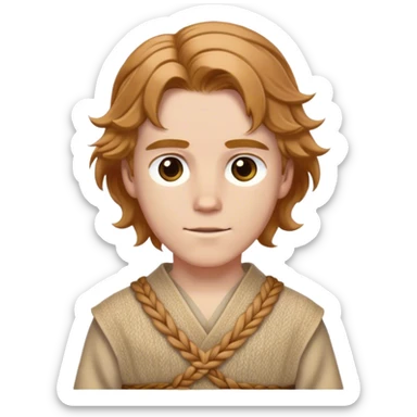 Medieval spring outfit worn by a DnD themed fantasy male character. Wheat-colored wool tunic with subtle herringbone weave pattern, cinched with a braided fabric sash. Clothes only above the waist, full waist coverage. The character has no arms. Character is white-skinned with light chestnut hair, golden brown eyes, and medium-length wavy hair. sticker