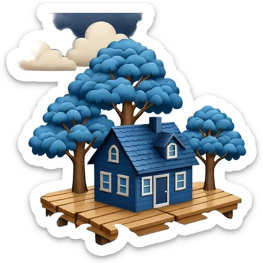 showing a flood disaster scene with powerful blue water waves carrying floating tree branches and wood pieces, small houses partially submerged, dark storm clouds above, heavy rain, realistic yet simple and clean emoji-style design sticker