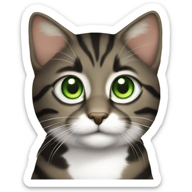 Black, brown, and white Tabby cat with green eyes sticker