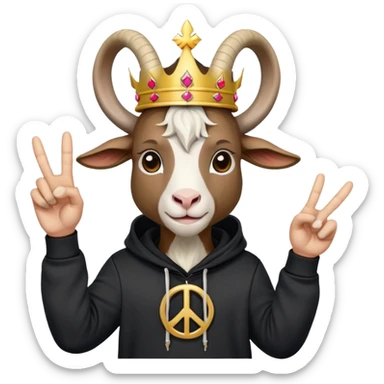 Goat with horns wearing black hoodie and a royal crown do the peace sign sticker