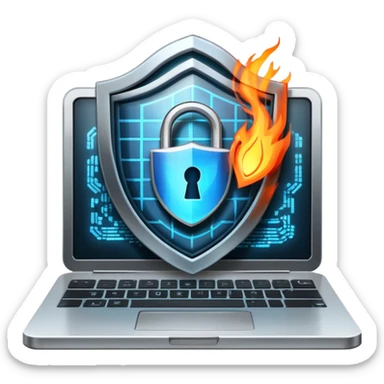 An icon featuring a digital shield with a lock, binary code, and a glowing firewall grid, symbolizing cybersecurity. The design includes a laptop, warning icons, and secure network nodes, representing protection against cyber threats. Transparent background highlights digital safety and defense. sticker