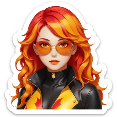 Beautiful gorgeous anime lady with beautiful fiery long warm-red-orange-yellow-gradient-wavy-special-hair, fashion aesthetic, slim red-tinted-sunglasses, accessories, gold jewelries, red-and-yellow sunny-pattern-eyes, black latex-suit, biker-woman, cool, badasa sticker