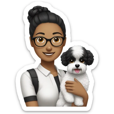 woman-black hair-bun-with glasses-with black bichon dog-white-smile sticker