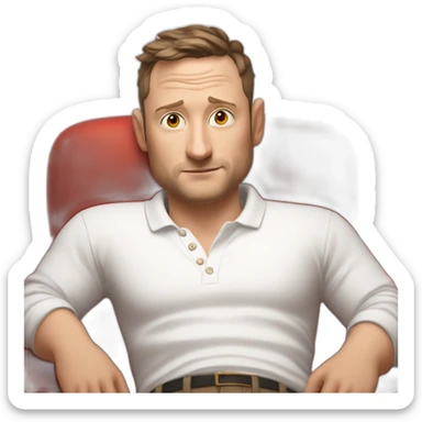 tim robinson very tired laying down on a red couch in a long sleeve white polo shirt, chest up clean shaven, laying flat across couch, arms at side sticker