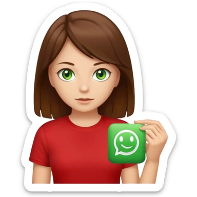 a girl with brown strait hair and has green eyes has a red t-shirt  sticker