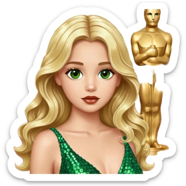 blonde model, brown eyes, long wavy hair, oscars red carpet, green sequin gown sticker