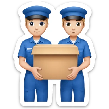 two workers in blue uniforms and caps holding a large box together sticker