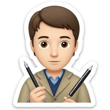 caucasian man writing in the script, holding a pen sticker