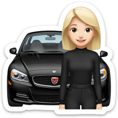 A fast, expensive black car with a young woman beside it sticker