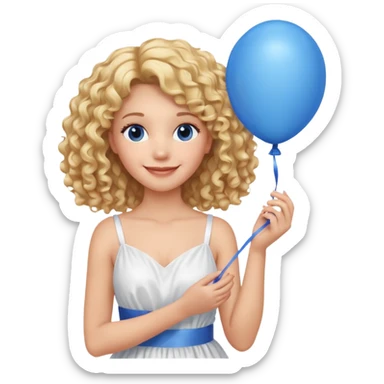 Woman curly long blonde with blue balloon, white dress sticker