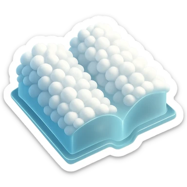 top view of a thick open book made entirely of small, very bright white fluffy convex clouds, matte glass style sticker