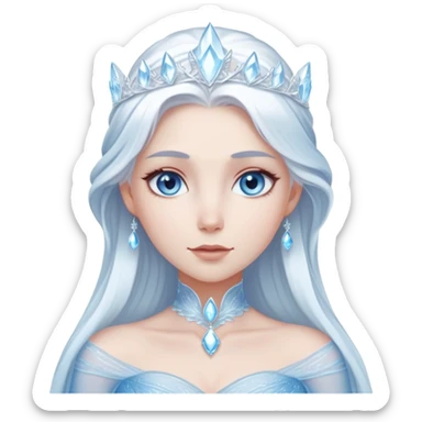 Cinematic Serene Snow Queen Portrait Emoji, rendered in a simplified vector style. Depict a gentle Elsa (chest and above) with delicate icy skin, softly cascading platinum hair, and calm, reflective blue eyes, dressed in her classic ice-blue gown. The image exudes a soft, luminous frosty radiance with high shine and a subtle glowing outline. sticker