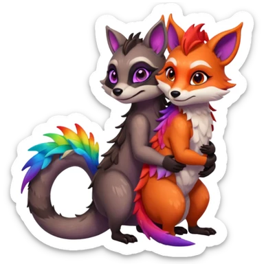 black female raccoon dragon hybrid with rainbow colored wings and purple eyes giving a big hug to a red female fox dragon hybrid with rainbow colored wings and orange eyes sticker