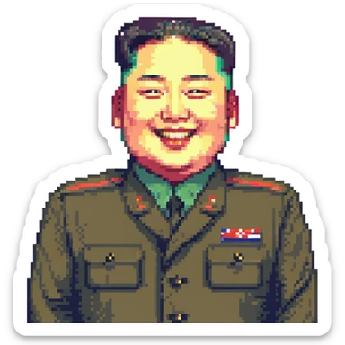 skinny Kim Jong Un, pixel art style, exaggerated smile, vibrant colors sticker