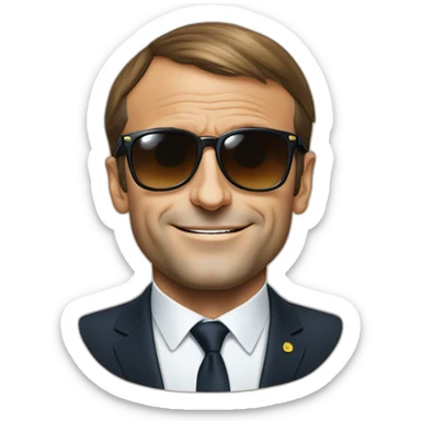 Emmanuel Macron wearing sunglasses, there is a big € on each eye of the glasses sticker