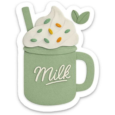 Change the milkshake to a fresh mint green and white palette, keeping the mason jar, whipped cream, rainbow sprinkles, and mint leaf on top, with no background. sticker