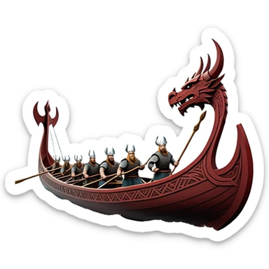 detailed-cinematic-viking-longboat, rendered in a flat, bold vector style with minimal shading, featuring a striking dragon-headed prow slicing through waters. shields on the side and vikings rowing The longboat’s, the boat has carved motifs evoke a sense of epic adventure and Nordic might, with billowing sails catching a dramatic, stormy sky backdrop. sticker