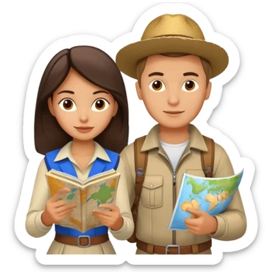 Russian man and elegant Latina girl in adventure outfits with a map planning a trip sticker