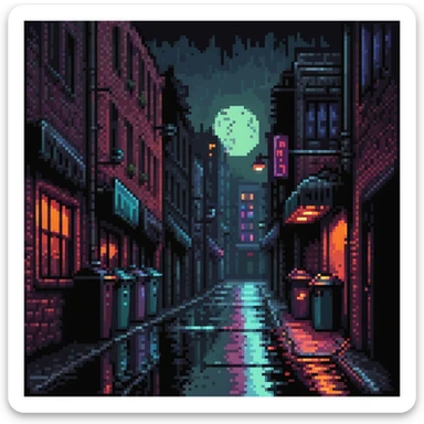 Pixel art background, dark Gotham City alley at night, flickering neon signs, wet asphalt, trash bins, moody streetlight, silhouettes in windows, Sega fighting game style
 sticker