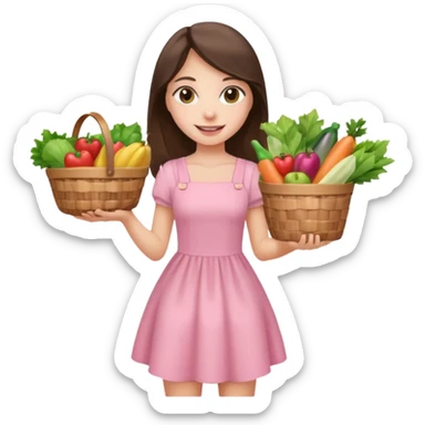 pretty smiling long brunette hair girl hazel eyes wearing light pink dress holding groceries sticker