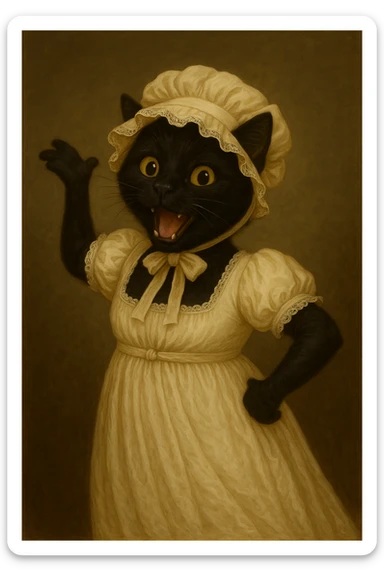 Make the black cat more playful with an animated posture and fun expression, still in period-accurate Pride and Prejudice clothing. Focus on fun and animation while keeping the historical attire intact. sticker