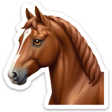 Cinematic Noble Chestnut Horse Portrait Emoji, Poised and regal, with a strong, athletic build and a lustrous, well-groomed chestnut fur, deep-set soulful amber eyes, Simplified yet sharp and sophisticated features, highly detailed, glowing with a warm, dignified glow, high shine, intelligent and majestic, stylized with an air of equine elegance, focused and attentive, soft glowing outline, capturing the essence of a watchful and confident steed, so majestic it feels as though it could gallop out of the screen with effortless authority! sticker