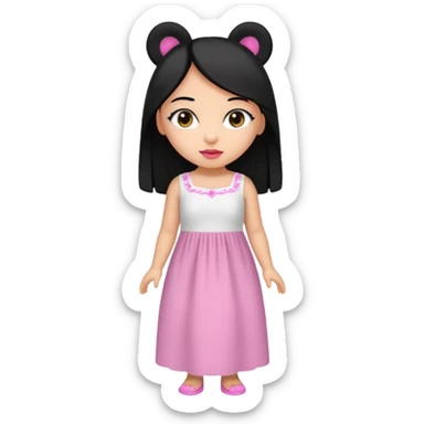 Gordita, ojos pequeños de color cafe oscuro, labios pequeños y rosados, piel trigueña, orejas pequeñas, cabello largo lazio y negro, pequeña. cuerpo completo. sticker