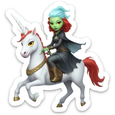 [politically incorrect, shield(
	{ female, alien, witch, color: light green, hair:red, eyes:cat} ]
	on a 
	[{ unicorn: white, legged:four, mane: light blue }]) sticker