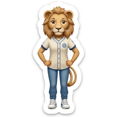 friendly anthropomorphised female lion wearing a baseball shirt, jeans, trainers, standing upright with arms folded, looking very determined sticker