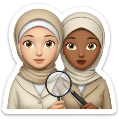 one wite hijabi one dark skin with her hair  out and hand lens and hat like true private inbestigators sticker