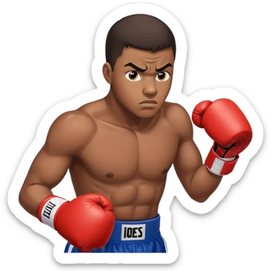 Close-up of a 19-year-old Black male boxer's face, determined expression, boxing gloves visible at the bottom of frame sticker