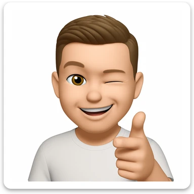 Based on these photos, make an emoji with facial features preserved, a man in a white T-shirt, winking, pointing forward sticker