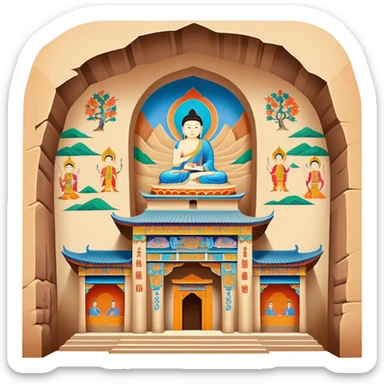 Mogao Caves Dunhuang with colorful Buddhist murals, simplified emoji style with bold outlines and bright colors, cartoon style cave entrance with paintings sticker