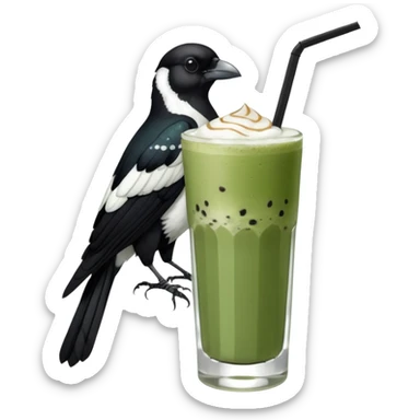  ONE Australien Magpie (just black and white feathers) sitting on an iced matcha latte on the edge of the glass. magpie has green matcha on its beak. matxha latte is in a see through glass and white from thr milk on the bottom and green without seeds on top… one straw & ice cubes sticker