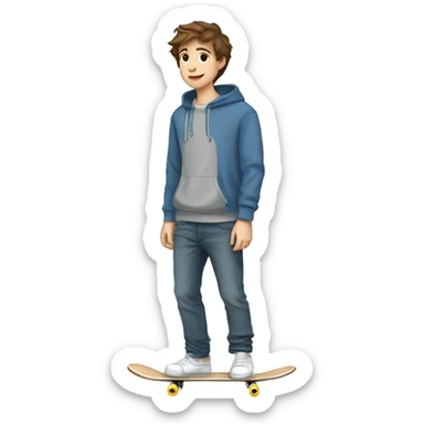 teenage boy with brown hair fair skin in a grey hoodie in blue jeans skateboarding sticker