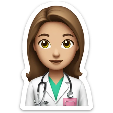girl with long brown  hair green eyes in pink scrubs, white doctor coat, stethoscope  sticker