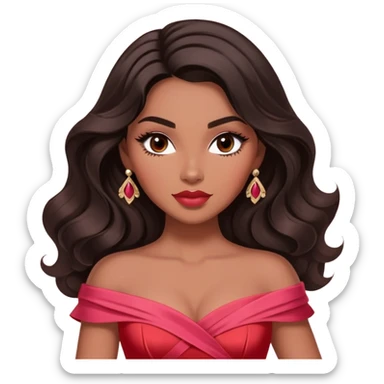 A woman with darker almond-toned skin, more voluminous dark hair in waves, expressive eyes with soft lashes and shimmer, full lips with a glossy nude-pink color, wearing a red dress and a white crossbody sash with “Miss San Juan” in black letters, exuding elegance and confidence sticker