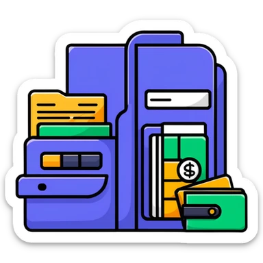 Closed folder icon with small symbols floating around: bank building, credit card, calculator, and document – organized financial archive sticker