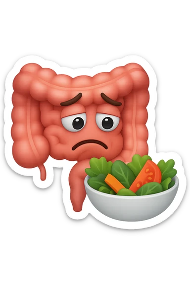 EMOJI STILE IPHONE DI UN INTESTINO UMANO ANATOMICO CHE GUARDA UN INSALATA CON ESPRESSIONE TRISTE E RASSEGNATA IN VOLTO: SOFFRE LA FAME PERCHé è A DIETA, FAGLI ANCHE LA PARTE BIANCA DEGLI OCCHI, NON SOLO LE PUPILLE sticker