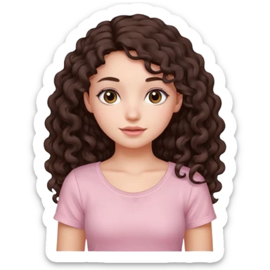 crée moi une jeune fille très belle avec les cheveux bouclés long brune avec un top de couleur rose clair sticker