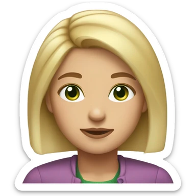 A strong blonde woman with medium length, blonde hair, green eyes a small mole on her chin wearing cute clothes sticker