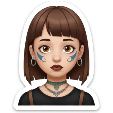 Alternative girl with straight brown hair and micro bangs and a throat tattoo sticker