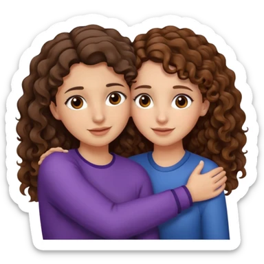 Una morena con pelo castaño y rizado y ojos marones y otra blanquita con pelo liso con las puntas onduladas y pelo castaño y ojos marrones Amigas lindas abrazándose  sticker