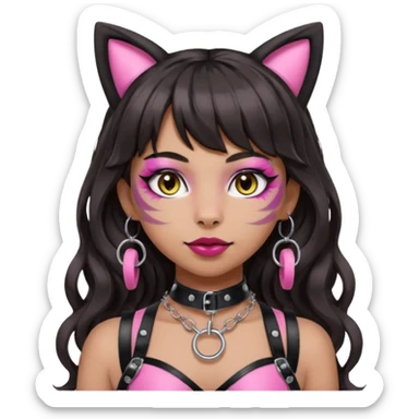 Remove any apple from the emoji. Keep the silver O-ring, bangs, bold but not crazy makeup, light-medium Hispanic skin tone, long dark wavy hair, cat ears, and pink BDSM-inspired harness. Maintain the apple emoji style with a transparent background. sticker