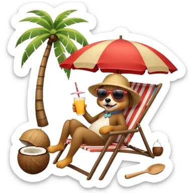 a dog laied on a beach chair, a sunny beach, a sun umbrella, and beach coconut trees. the icon should capture the essence of a relaxing beach vacation with a carefree atmosphere sticker