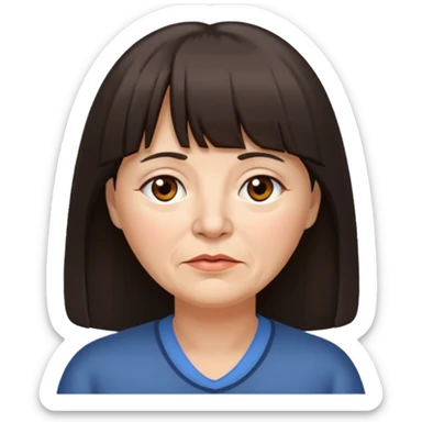 60 yr old woman, long hair down back, very small brown eyes, long hair, straight dark brown hair, bangs, chubby, long face, very tired sticker