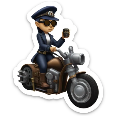 Bounty hunter Wednesday Addams Jedi wearing a pair of navy-blue rimmed steampunk goggles, hat, leather chaps, fringe jacket riding a relaxed sci-fi 3 wheeled steampunk rat rod motorcycle with large fenders and saddlebags in desert town  sticker